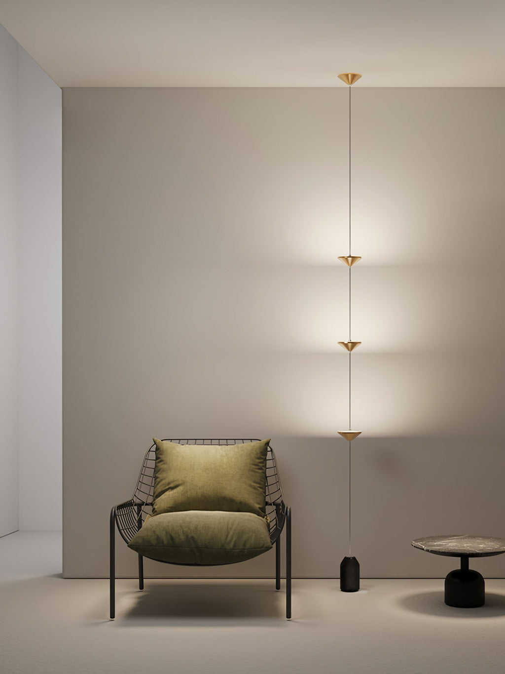 Floor lamp with gold shades and black marble counterweight base
