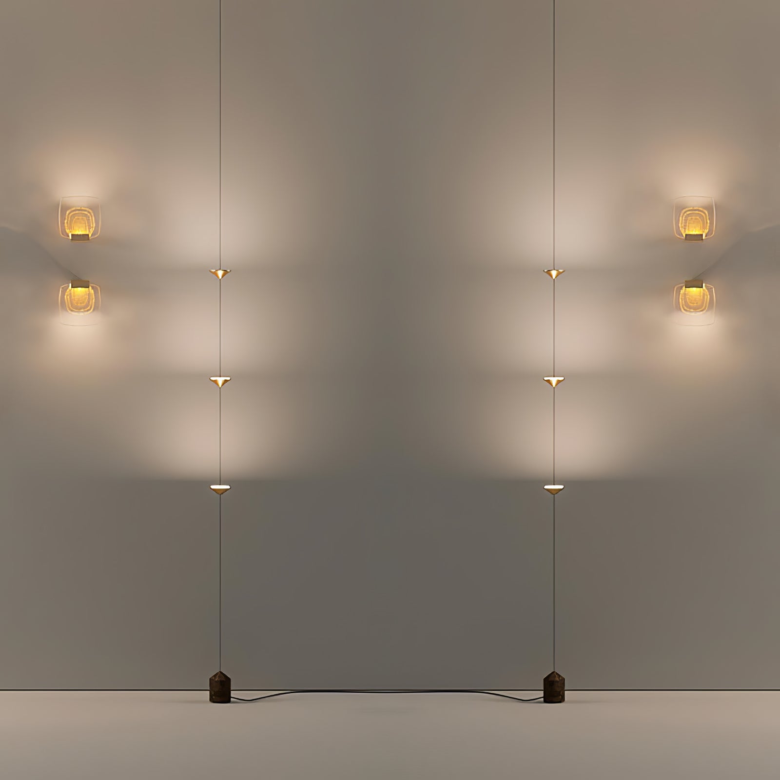 Floor lamp with stacked conical shades on a marble base