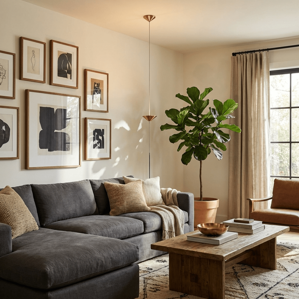 Sculptural floor lamp lighting a styled living space