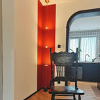 Floor lamp with stacked shades in a warm-lit interior