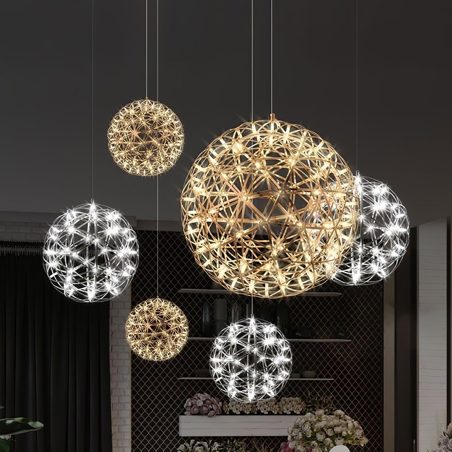 Spark Ball Pendant Light, Stainless Steel Sphere, Warm White LED