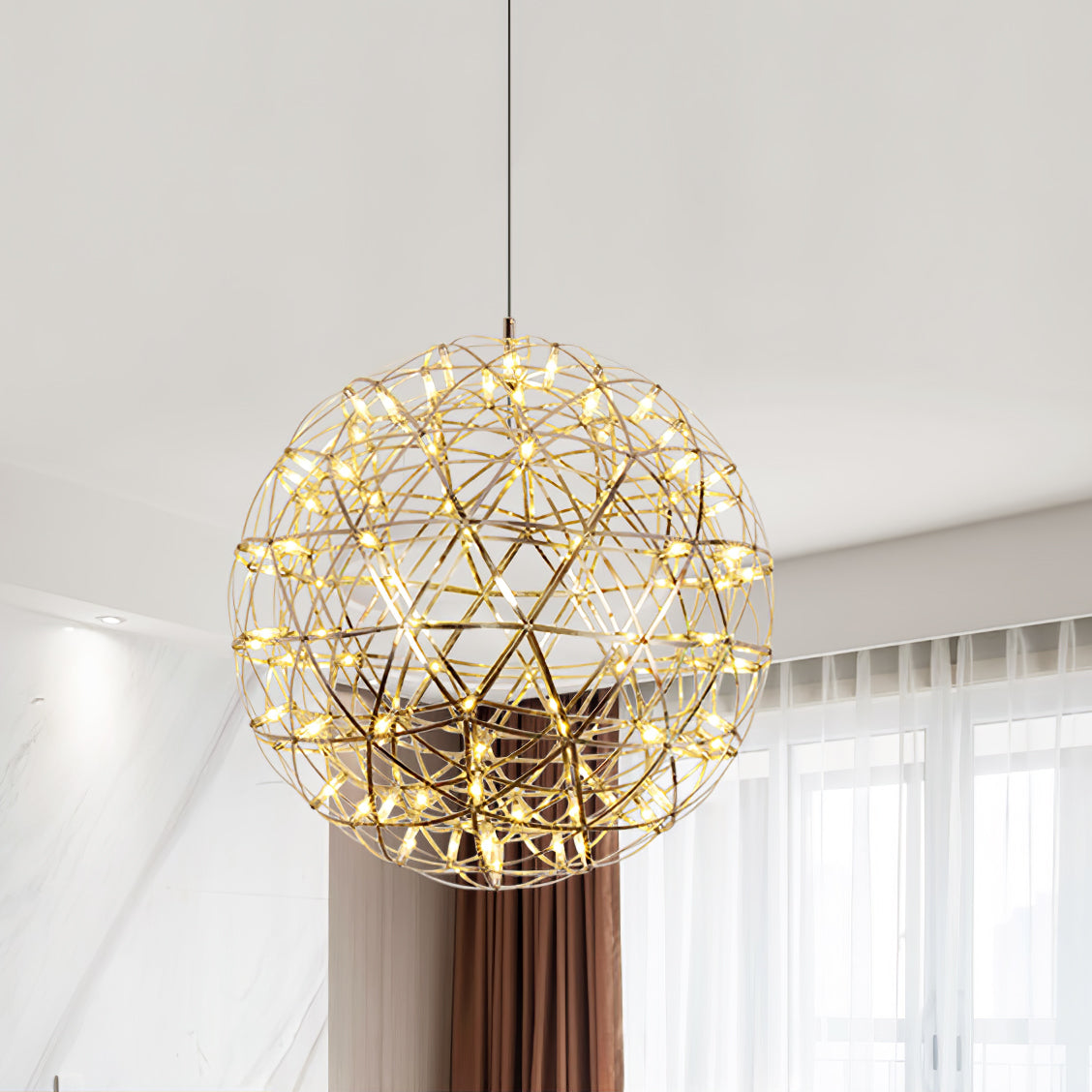 Spark Ball Pendant Light, Stainless Steel Sphere, Warm White LED