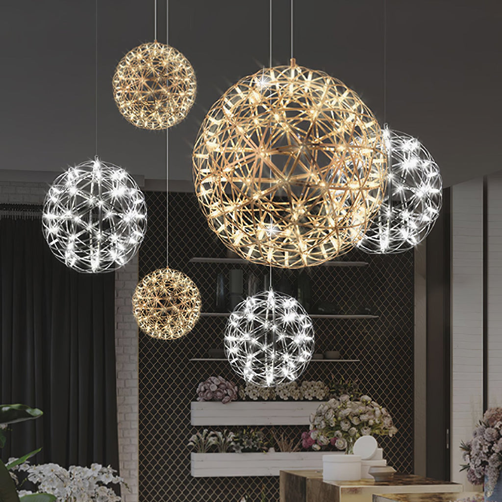 Spark Ball Pendant Light, Stainless Steel Sphere, Warm White LED