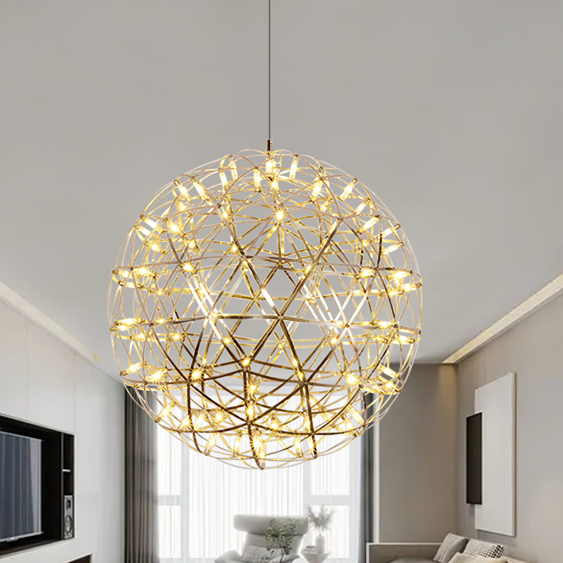 Spark Ball Pendant Light, Stainless Steel Sphere, Warm White LED