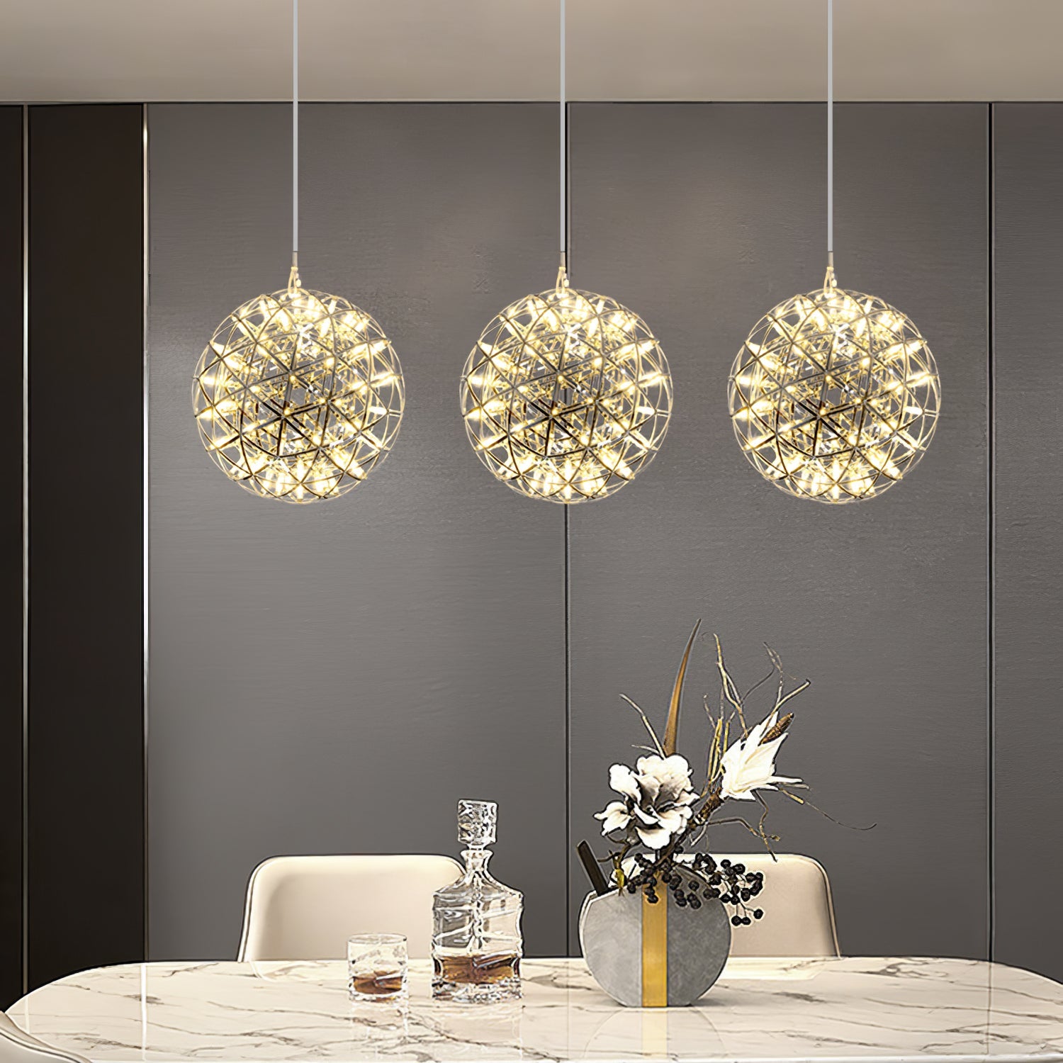 Spark Ball Pendant Light, Stainless Steel Sphere, Warm White LED