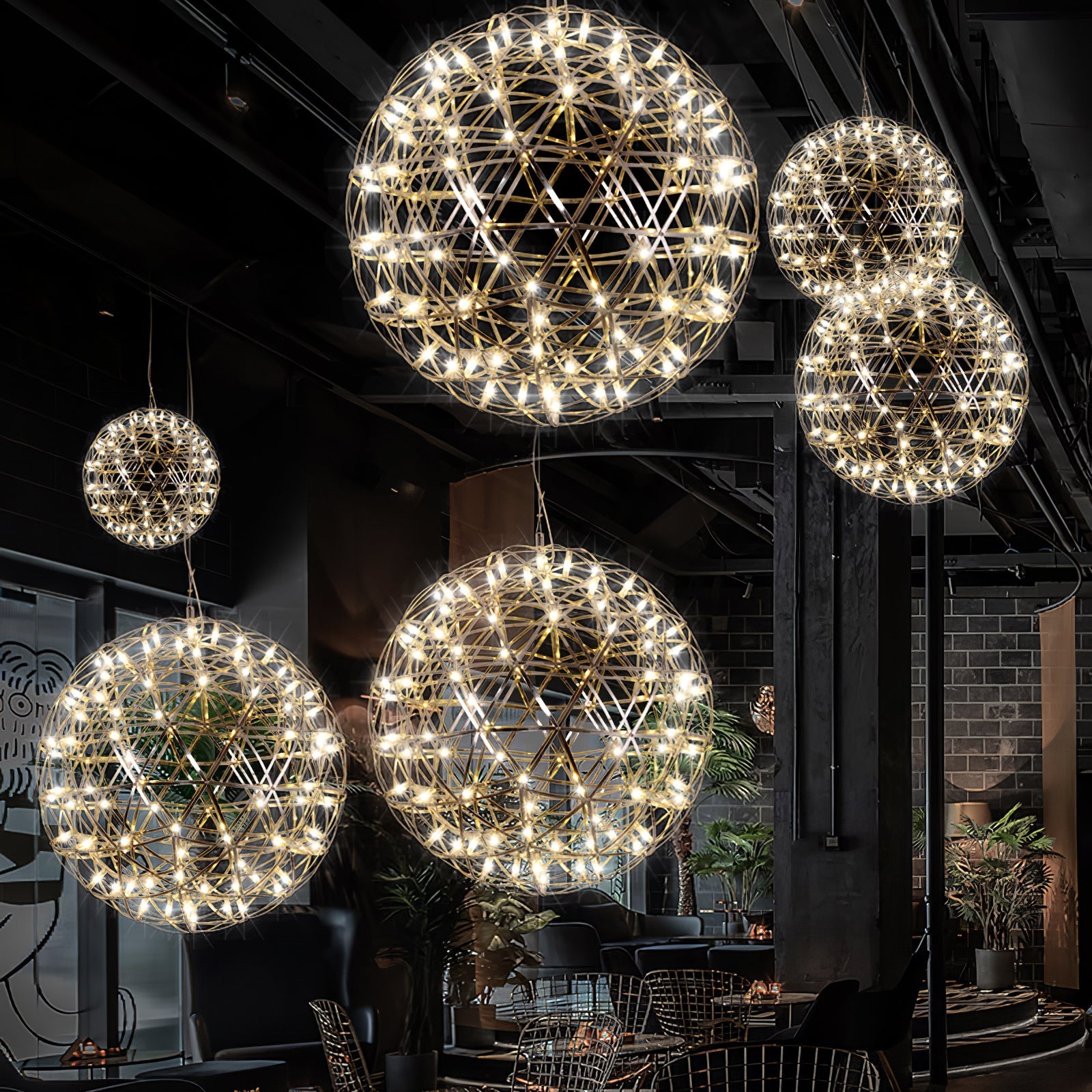 Spark Ball Pendant Light, Stainless Steel Sphere, Warm White LED