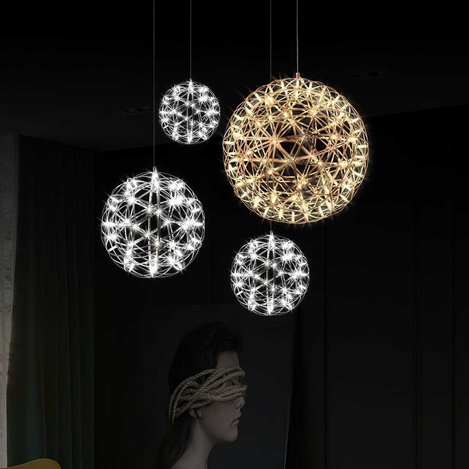 Spark Ball Pendant Light, Stainless Steel Sphere, Warm White LED