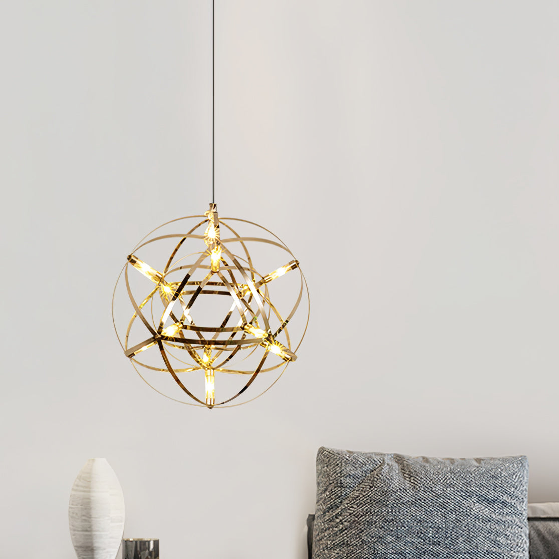 Spark Ball Pendant Light, Stainless Steel Sphere, Warm White LED