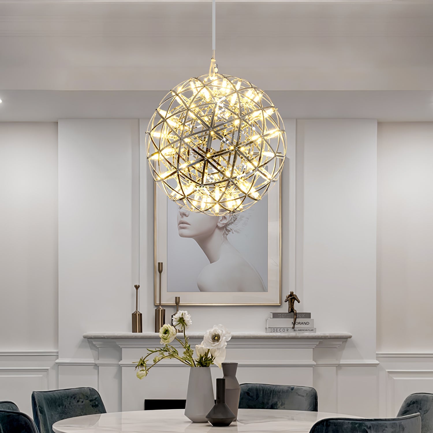 Spark Ball Pendant Light, Stainless Steel Sphere, Warm White LED
