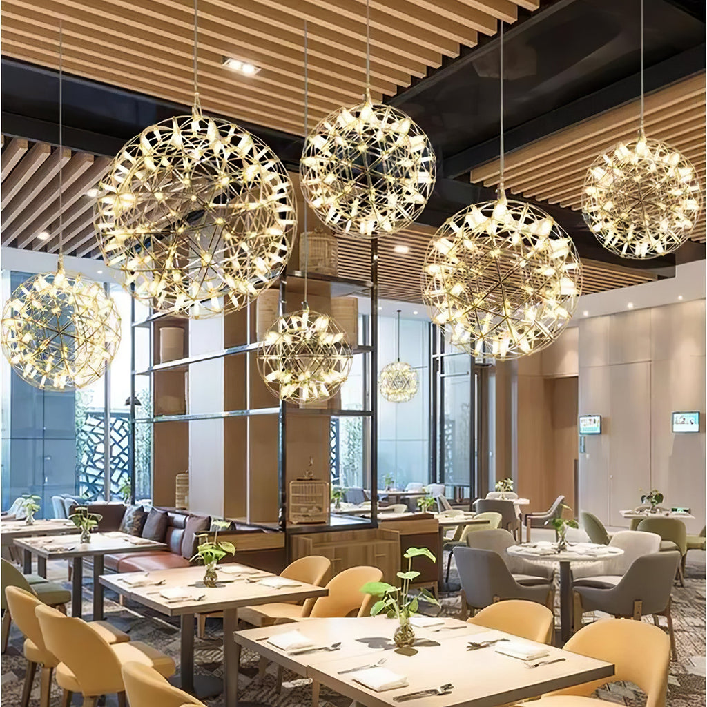 Spark Ball Pendant Light, Stainless Steel Sphere, Warm White LED