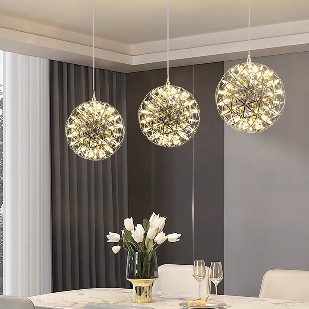 Spark Ball Pendant Light, Stainless Steel Sphere, Warm White LED