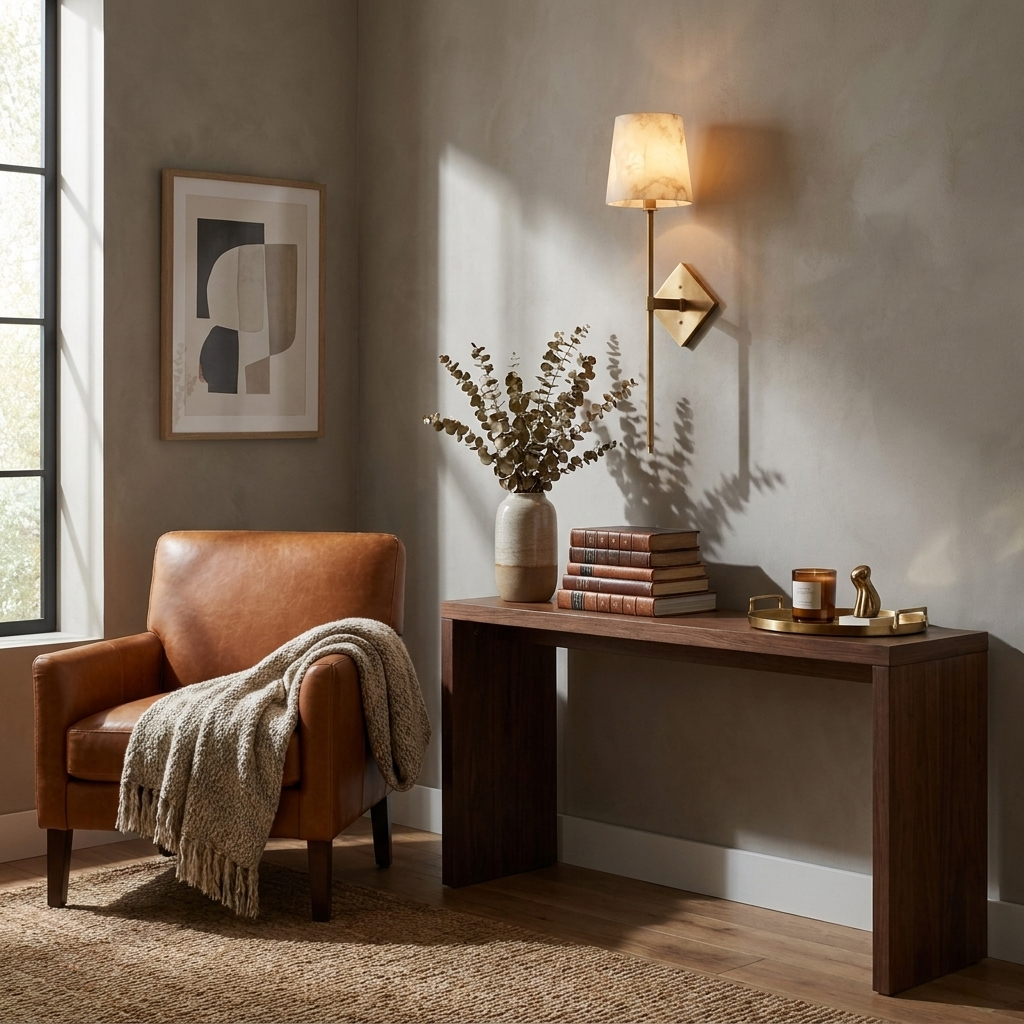 Beside a leather armchair with a draped throw, this Clérachic sconce in brushed brass lights a wood console table of books.