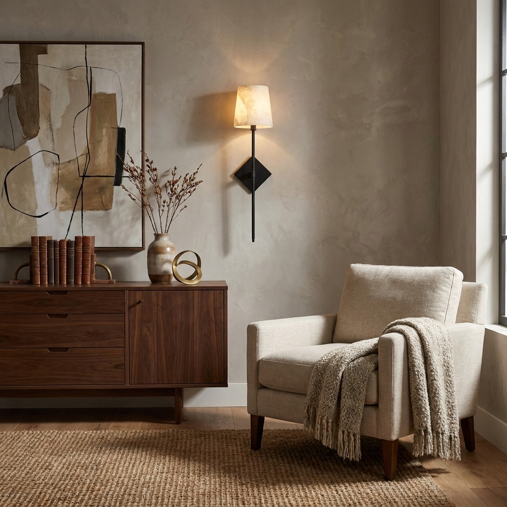 Beside a walnut credenza and abstract wire art, this Clérachic sconce in matte black lights a cream armchair with a throw.