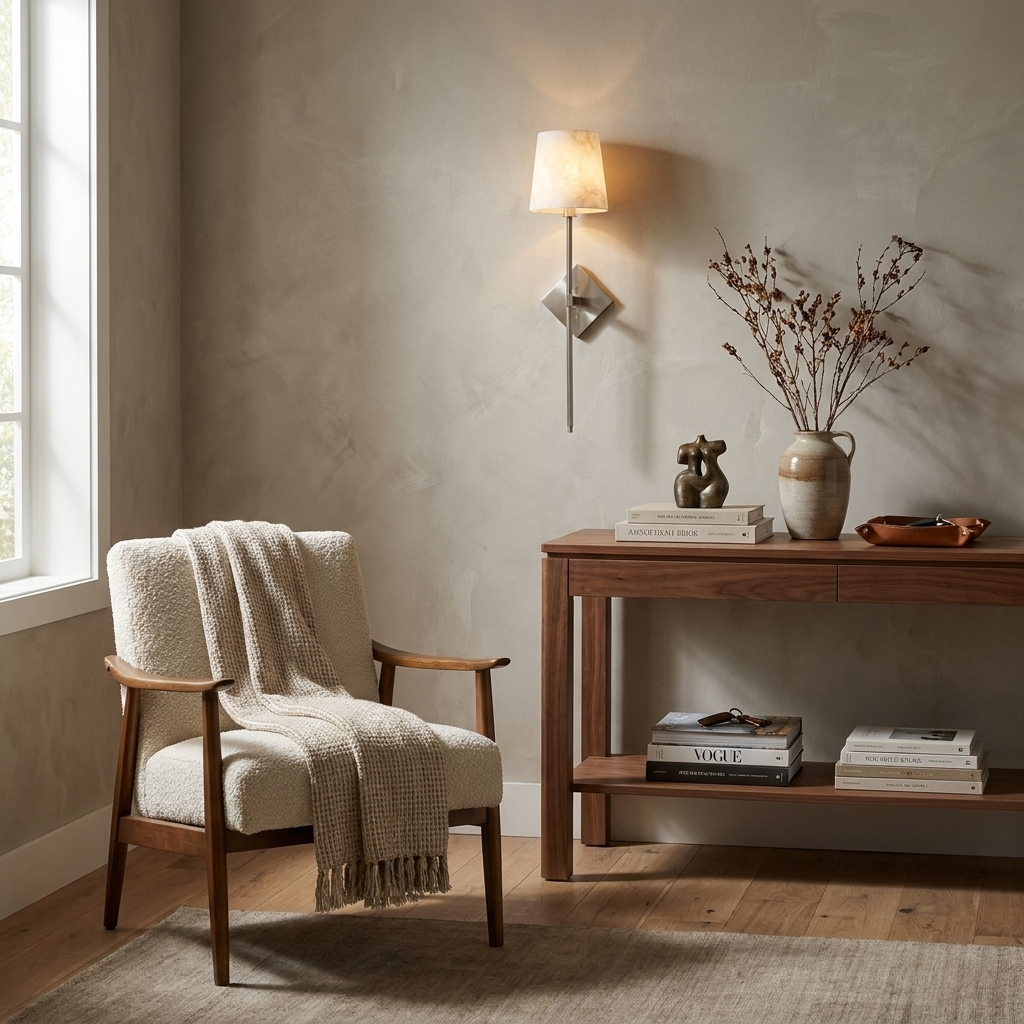 Above a console table with dried branches, this Clérachic sconce in brushed nickel lights a wood-framed armchair with a cream throw.