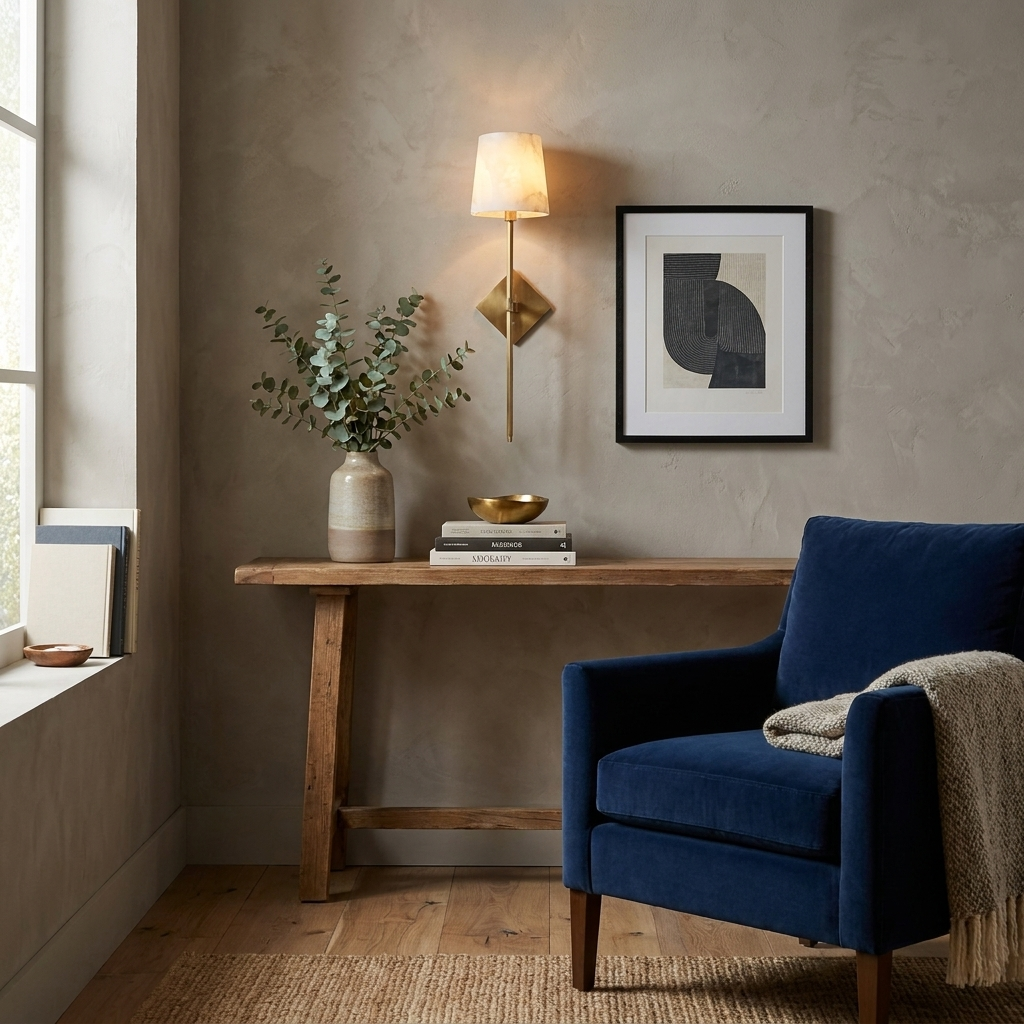 Beside a navy velvet armchair with a throw, this Clérachic sconce in brushed brass lights a wood console table.