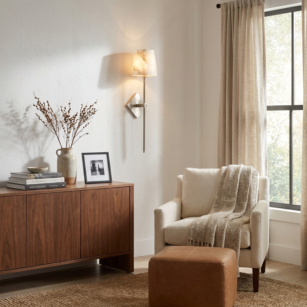 Beside a curtained window and cream armchair with ottoman, this Clérachic sconce in brushed brass lights a console table.