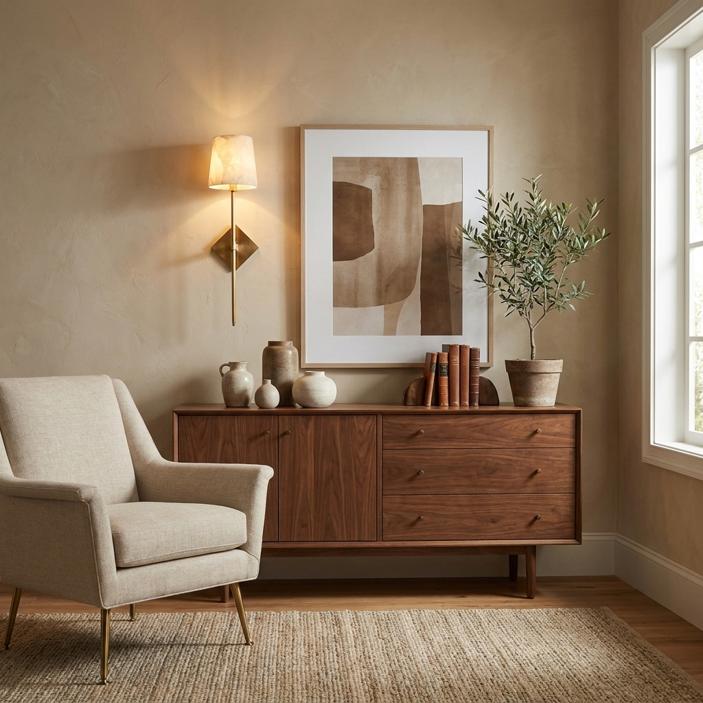 Near a framed print and potted olive tree, this Clérachic sconce in brushed brass lights a walnut credenza and armchair.
