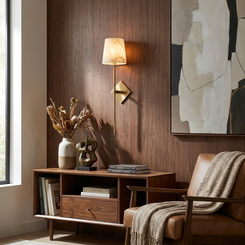 Mounted on a wood-paneled wall beside a leather chair, this Clérachic sconce in brushed brass lights a media console below.