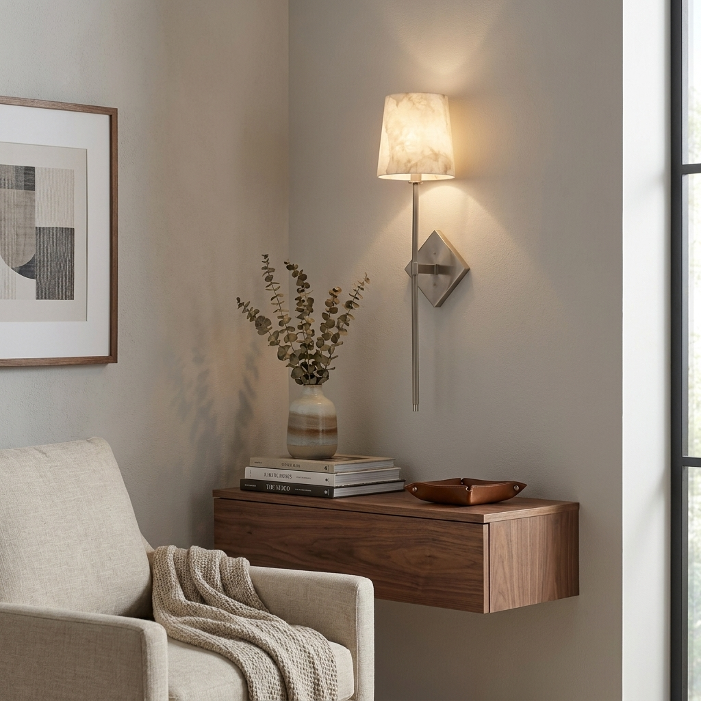 Mounted above a floating console shelf, this Clérachic sconce in brushed nickel lights a cream armchair with a throw.