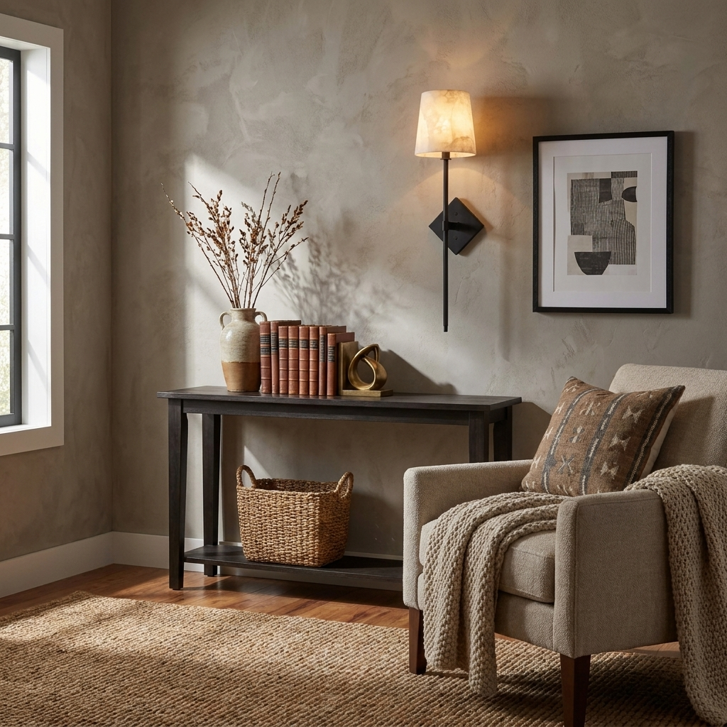 Above a console table with a woven basket, this Clérachic sconce in matte black lights a cream armchair and framed print.