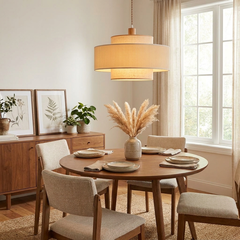 This Clérachic pendant hangs over a round wood dining table set for a meal, framed art visible on the sideboard behind.