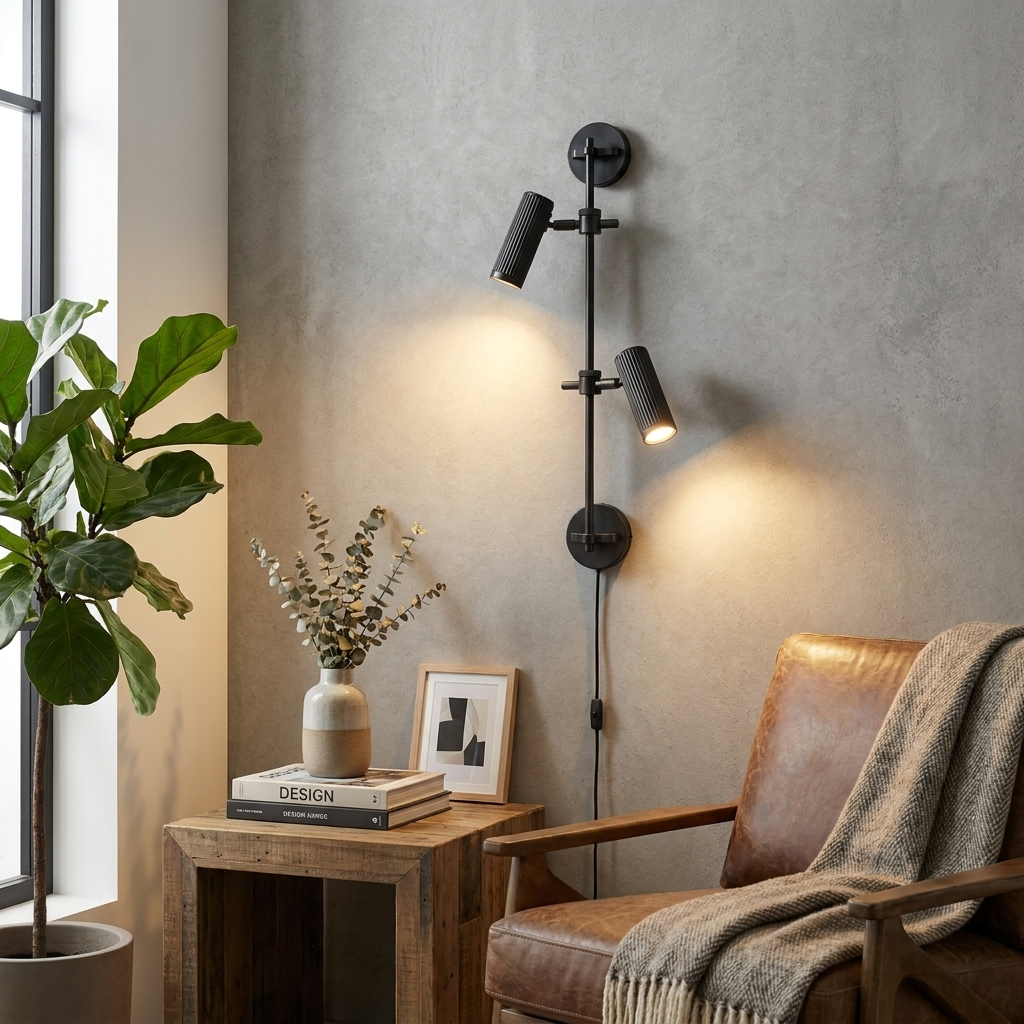This Clérachic plug-in spotlight in black finish lights a leather armchair against a grey concrete wall.