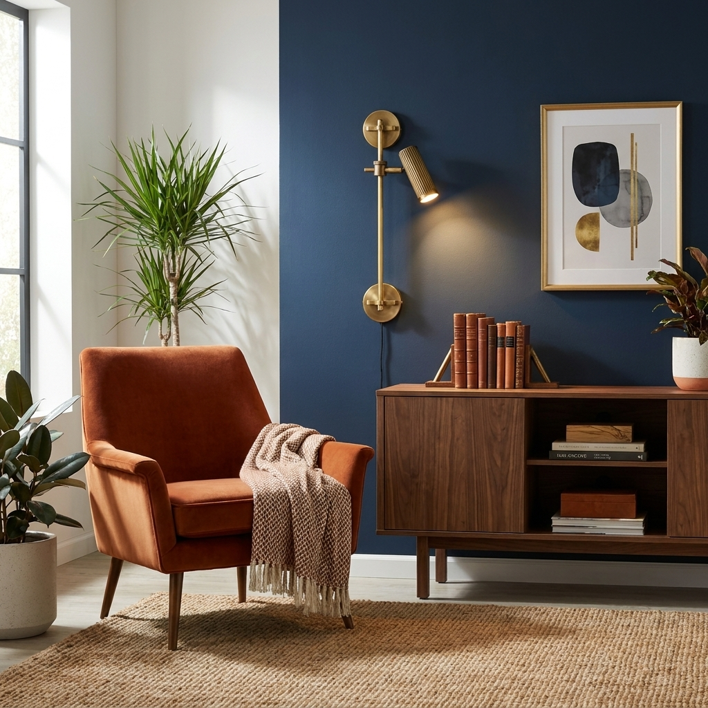 Against a dark blue wall, this Clérachic plug-in spotlight in bronze finish lights an armchair below it.