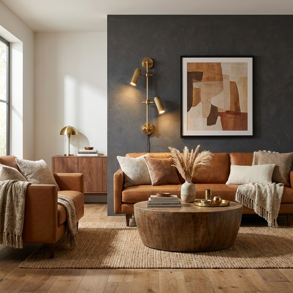 Above a console table, this Clérachic plug-in spotlight in bronze finish lights a dark accent wall in a living room.