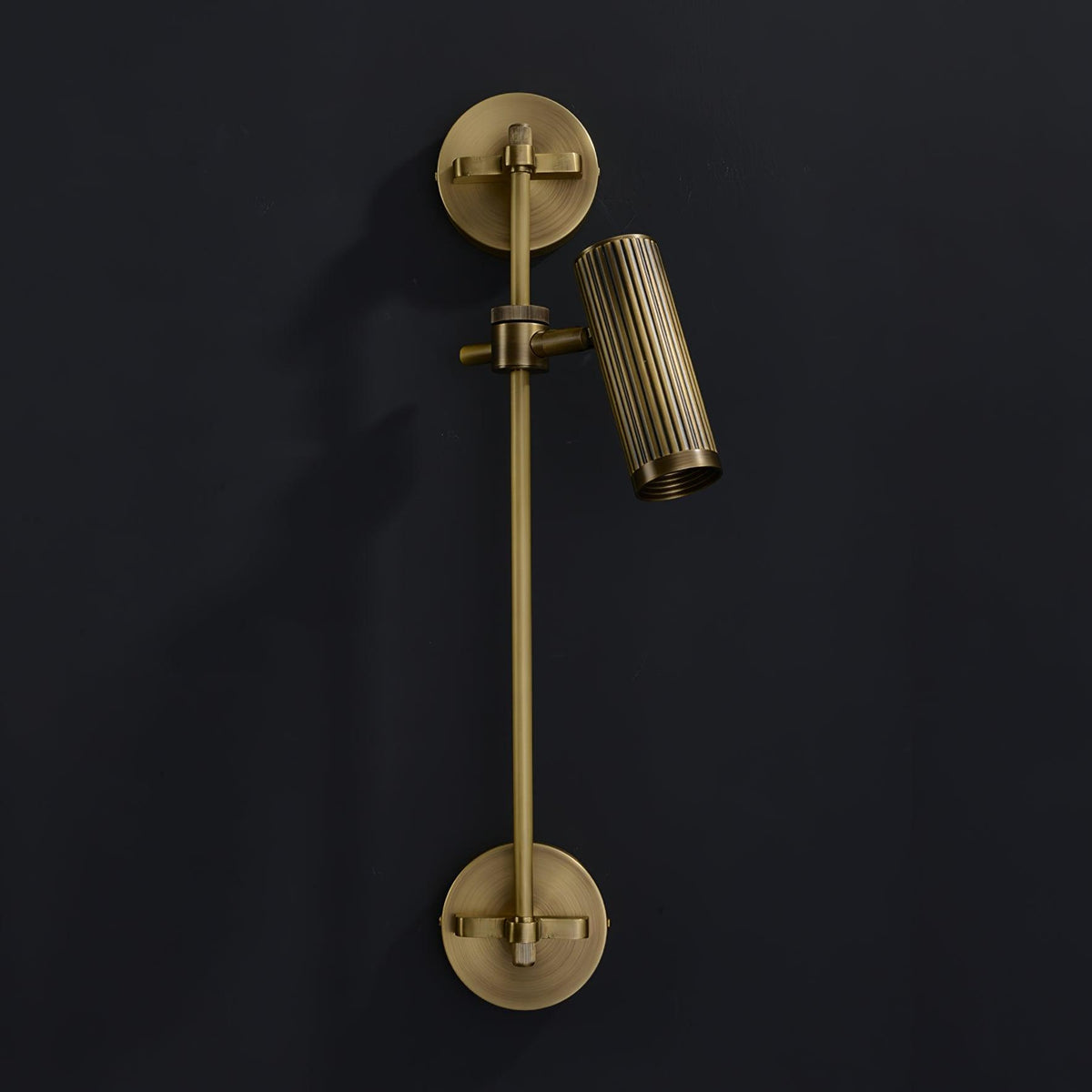 Shown full length against dark, this Clérachic plug-in spotlight in bronze finish has one head extended outward.
