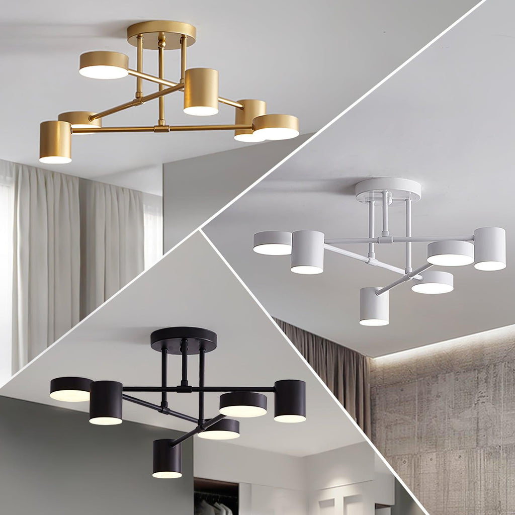 Sputnik ceiling light suspended in a bright high-ceiling room