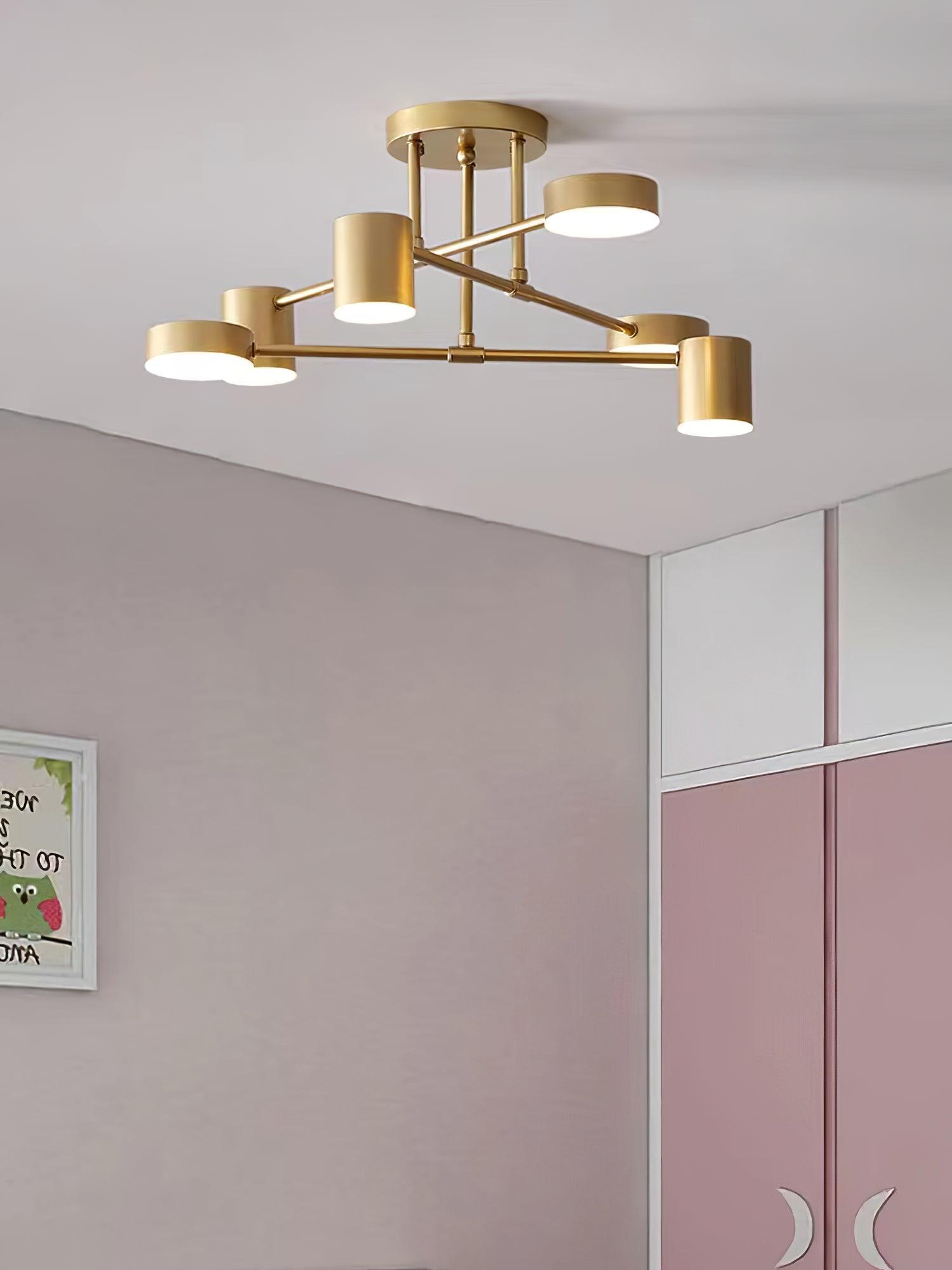 Sputnik ceiling light viewed straight on with six lit shades
