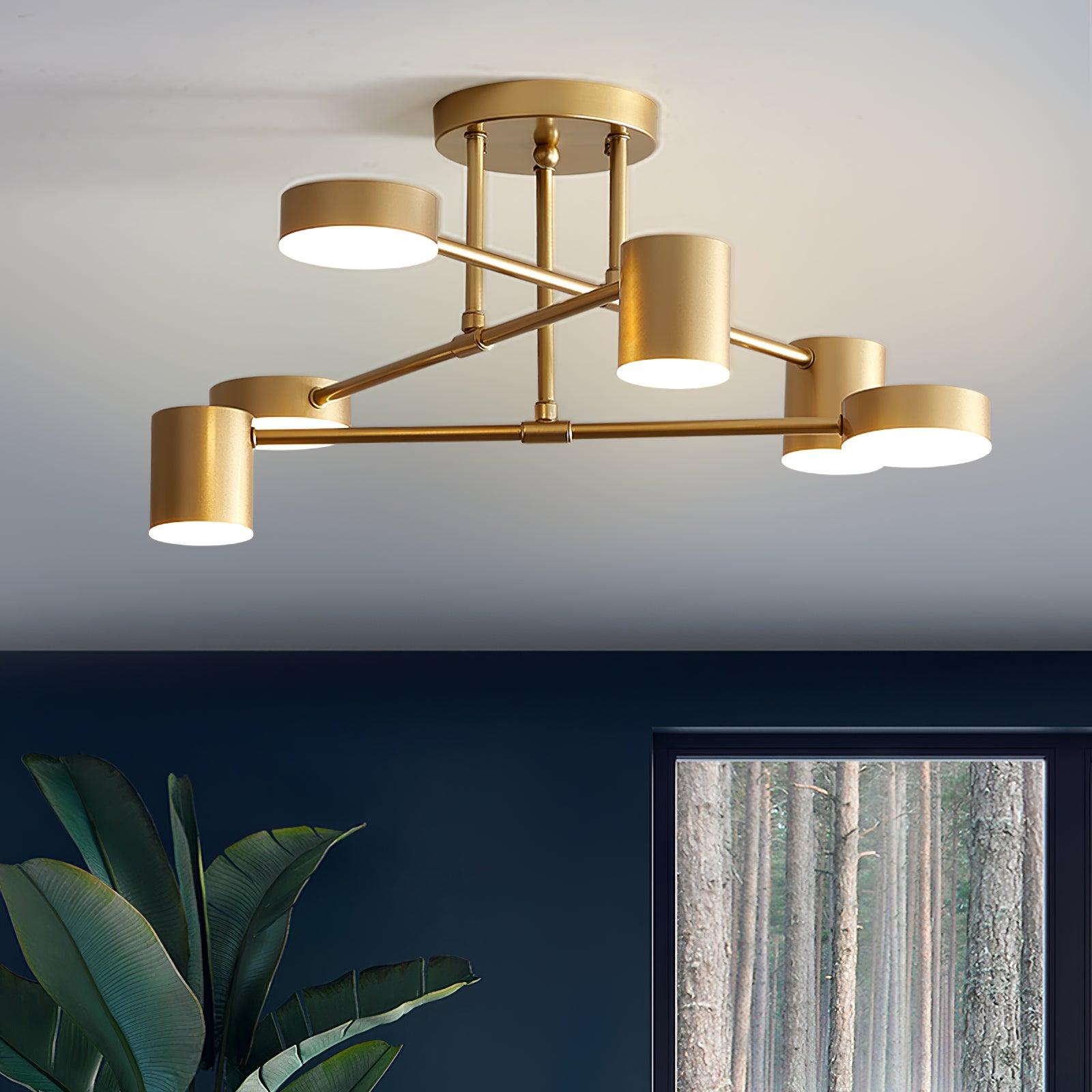 Sputnik ceiling light shown from below with radial six-arm layout