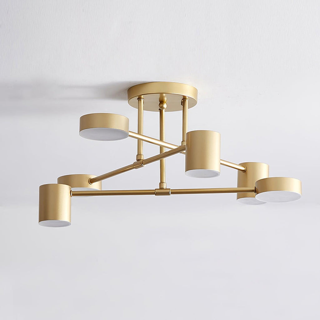 Sputnik ceiling light with six glowing white acrylic shades on splayed arms