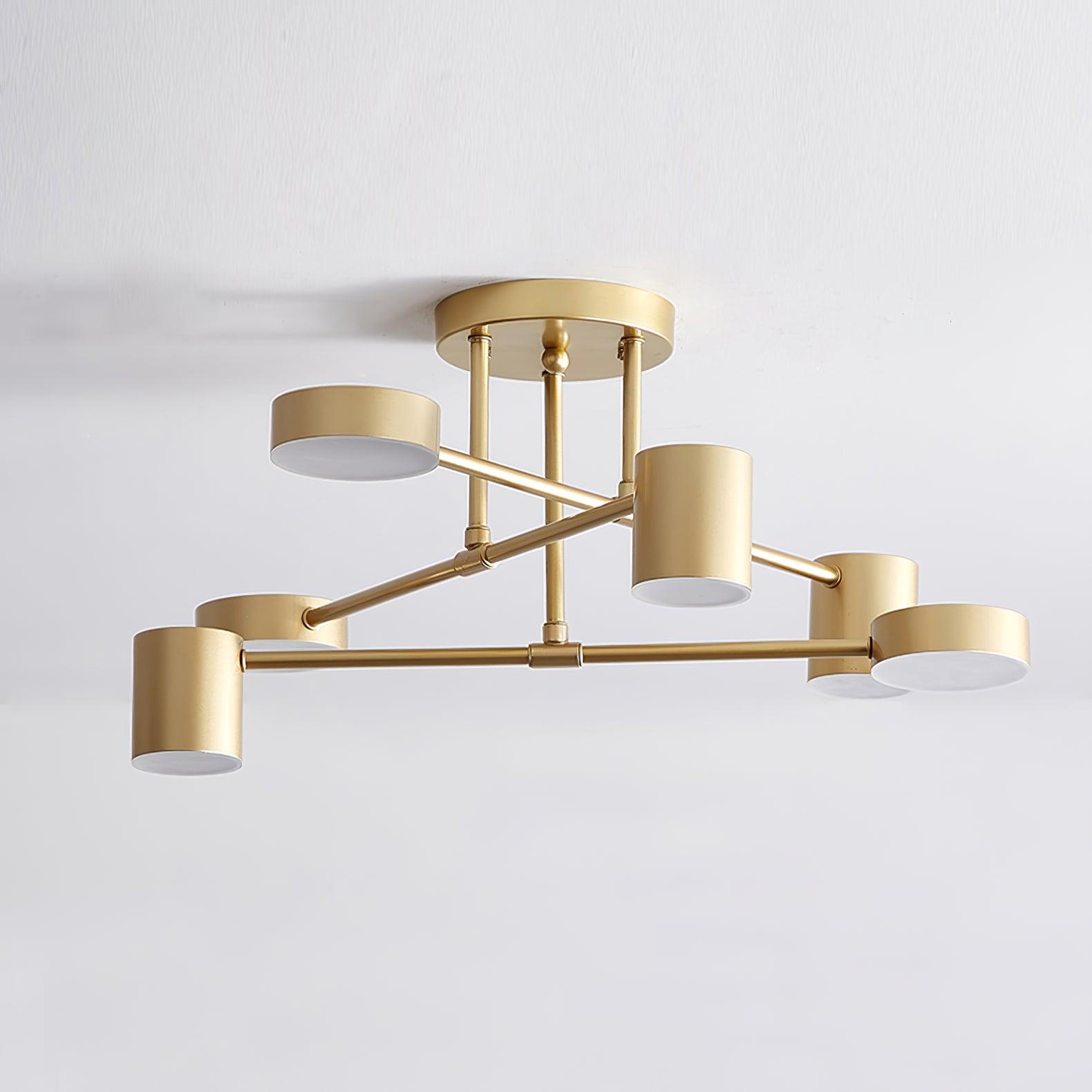 Sputnik ceiling light with six glowing white acrylic shades on splayed arms