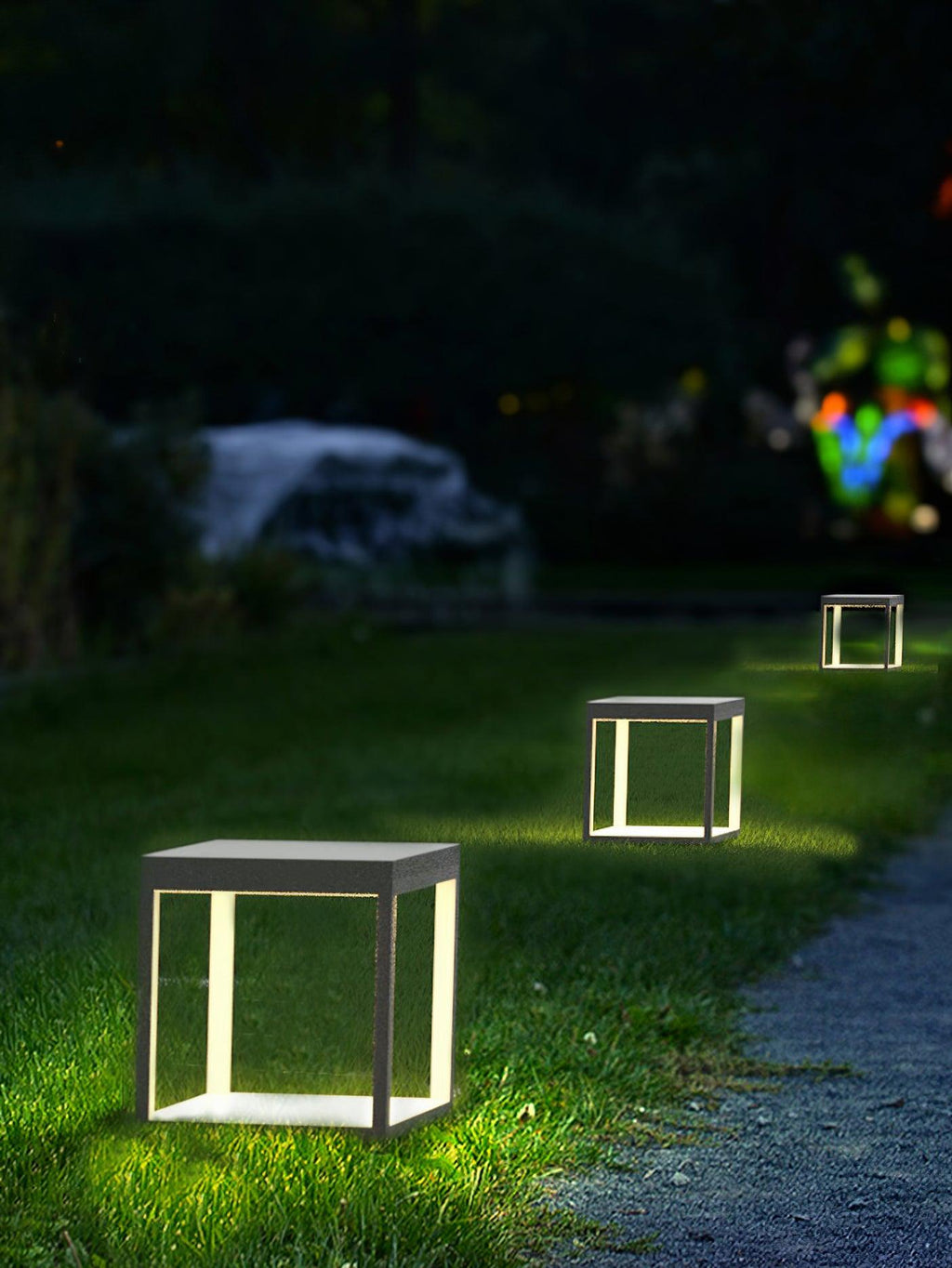 Outdoor post light lighting a patio corner in warm tones