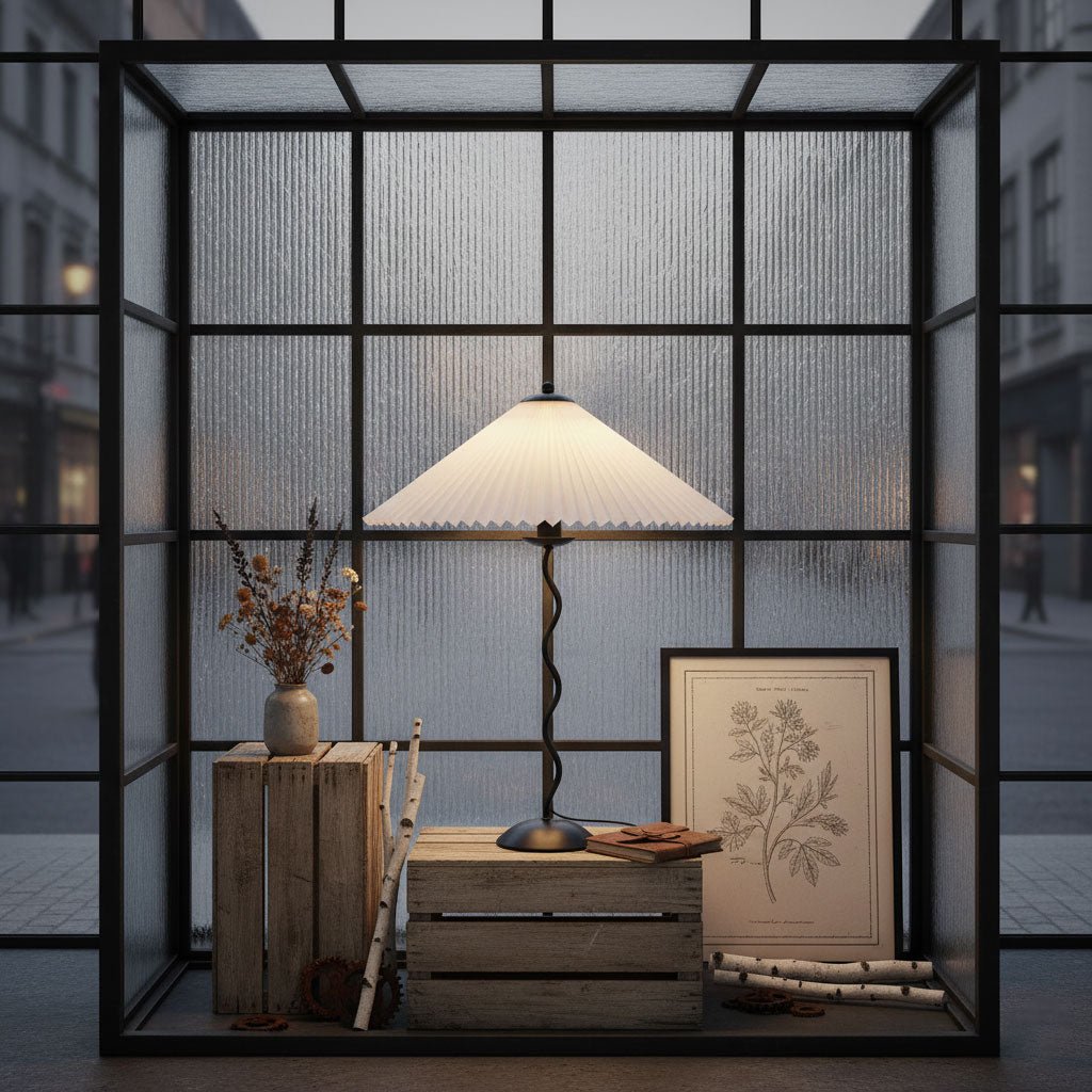 Squiggle table lamp full view with wavy stem and shade