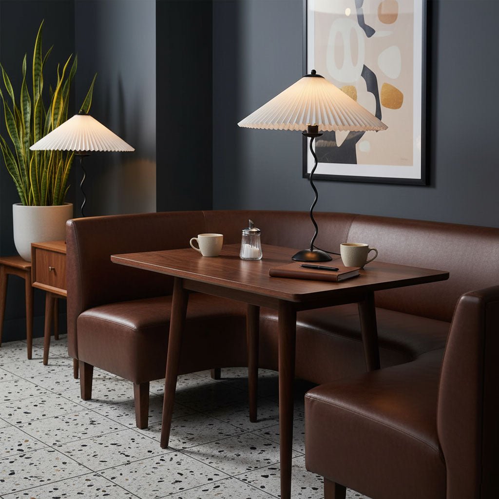 Squiggle table lamp showing black stem and structured shade
