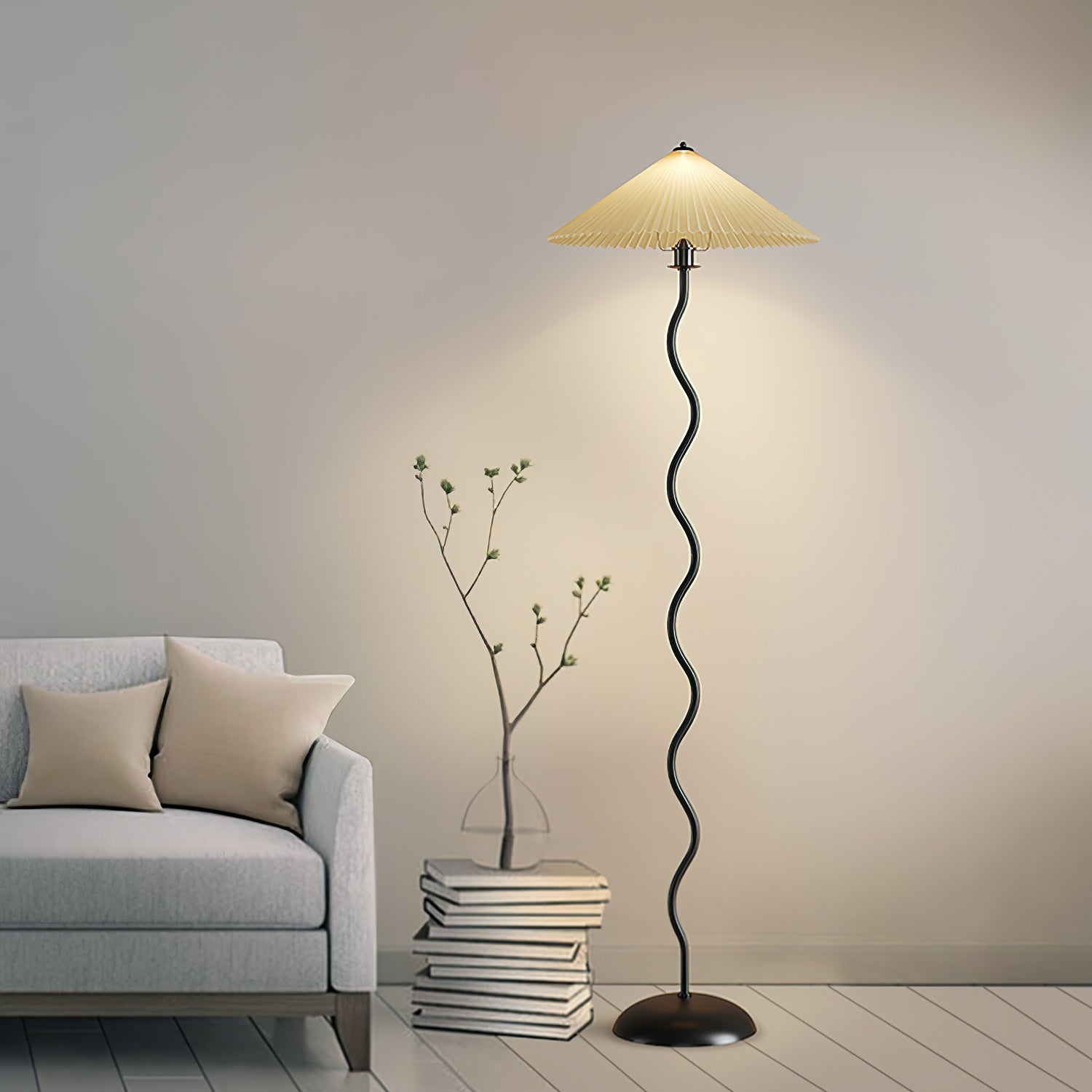 Squiggle floor lamp with black base curving up to a fabric shade