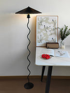 Squiggle Floor Lamp, Wavy Black Metal Base, Fabric Shade, E14 Plug-In