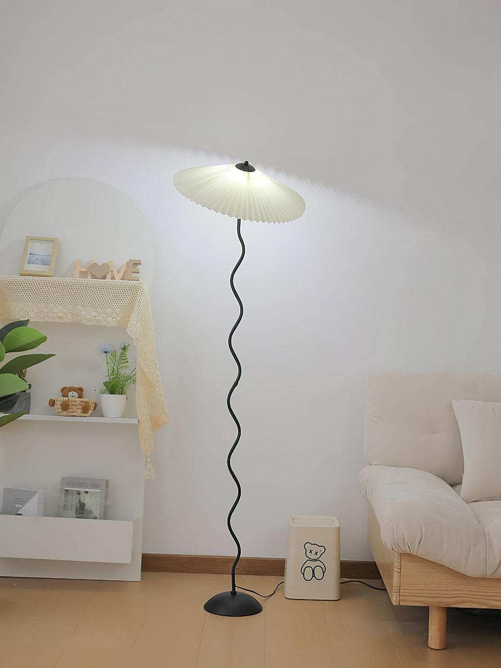 Squiggle Floor Lamp, Wavy Black Metal Base, Fabric Shade, E14 Plug-In
