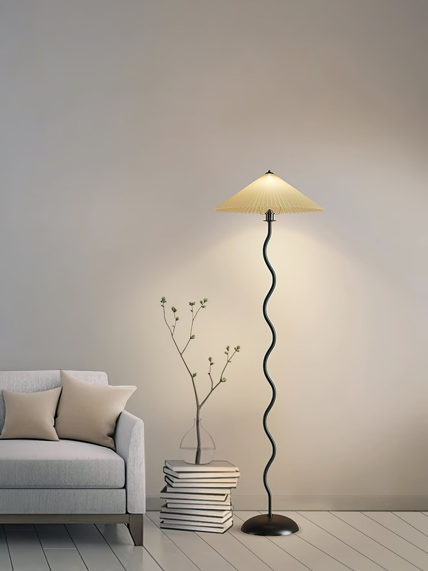 Squiggle Floor Lamp, Wavy Black Metal Base, Fabric Shade, E14 Plug-In