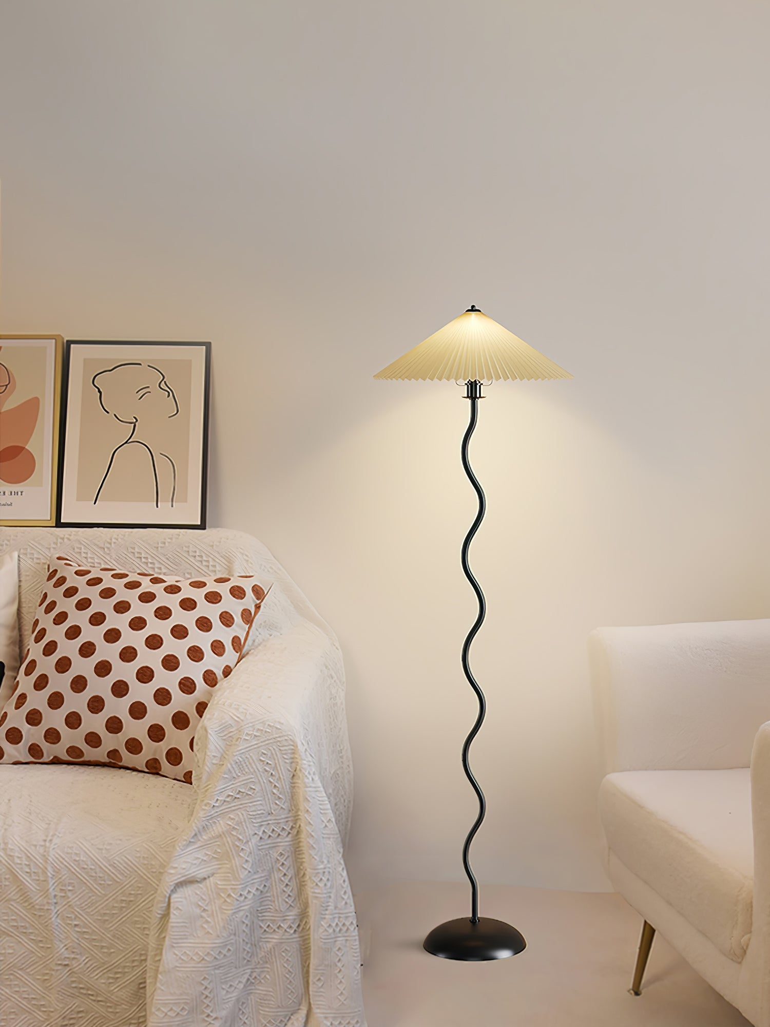 Squiggle Floor Lamp, Wavy Black Metal Base, Fabric Shade, E14 Plug-In