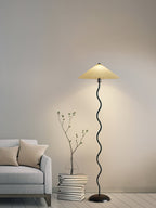 Squiggle Floor Lamp, Wavy Black Metal Base, Fabric Shade, E14 Plug-In