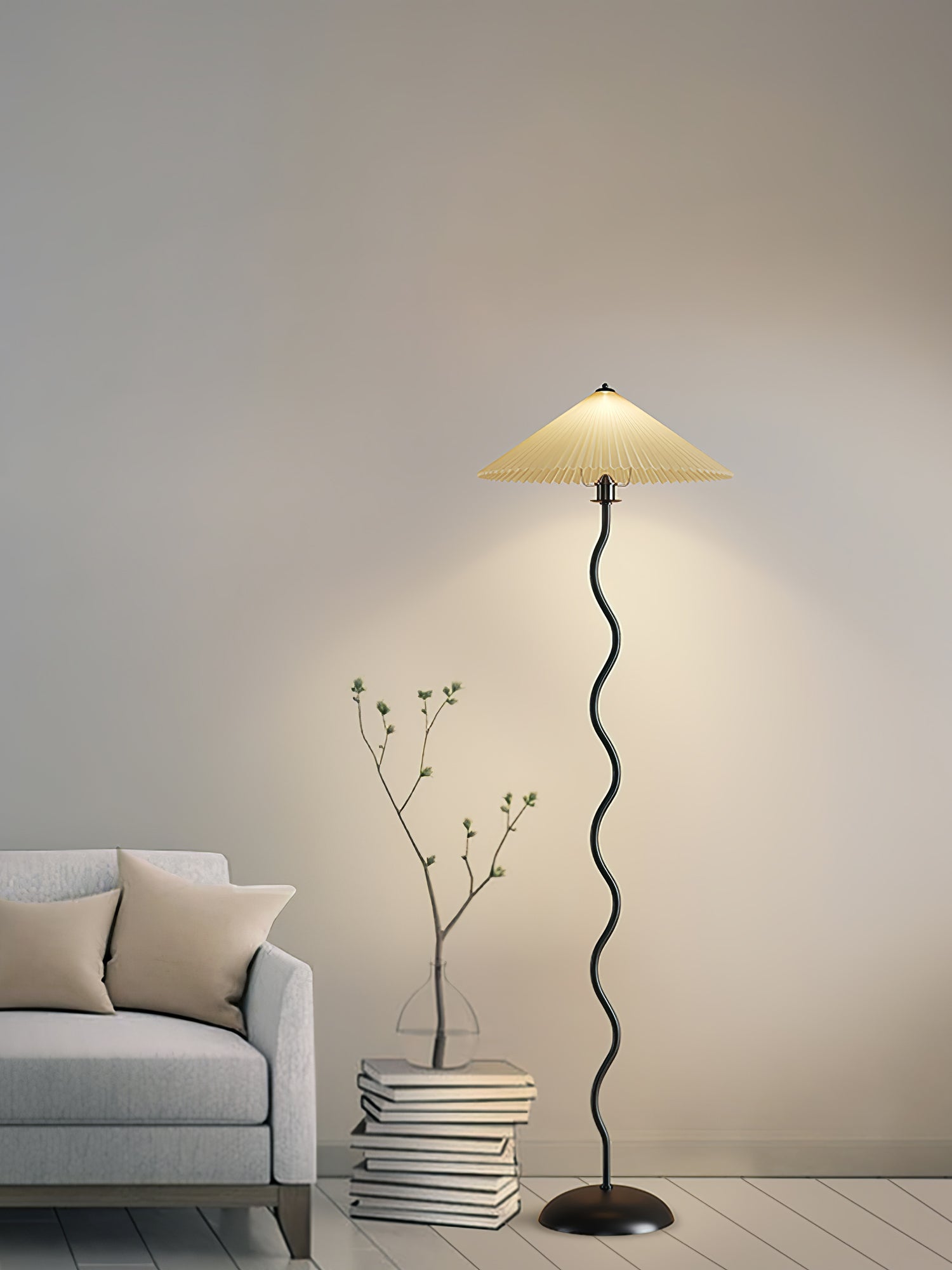 Squiggle Floor Lamp, Wavy Black Metal Base, Fabric Shade, E14 Plug-In