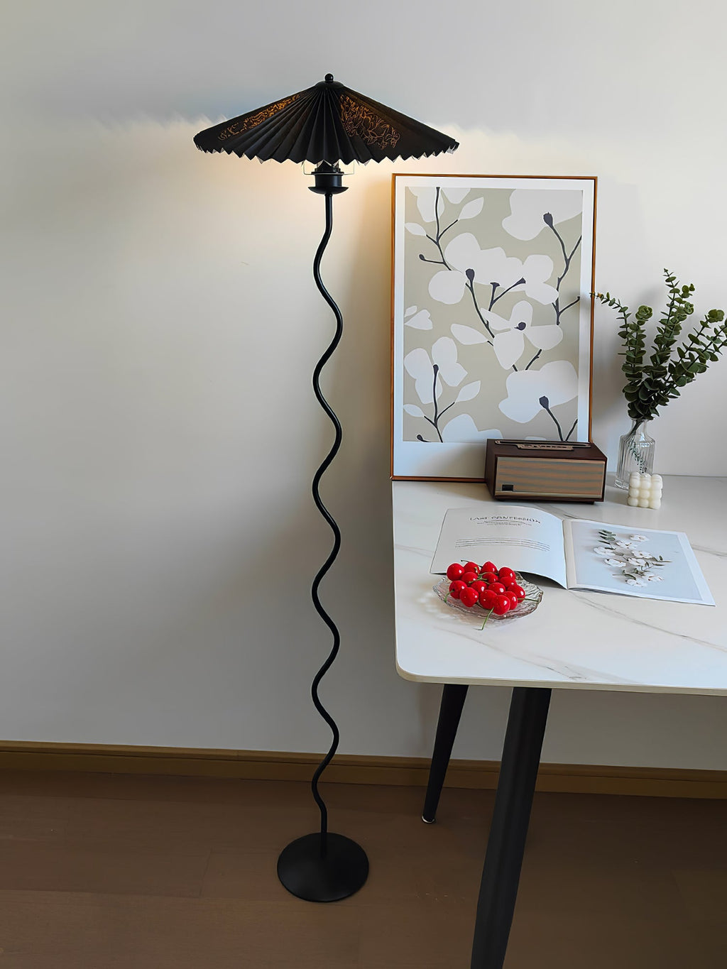 Squiggle Floor Lamp, Wavy Black Metal Base, Fabric Shade, E14 Plug-In