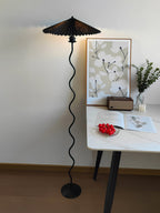 Squiggle Floor Lamp, Wavy Black Metal Base, Fabric Shade, E14 Plug-In
