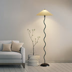 Squiggle Floor Lamp, Wavy Black Metal Base, Fabric Shade, E14 Plug-In