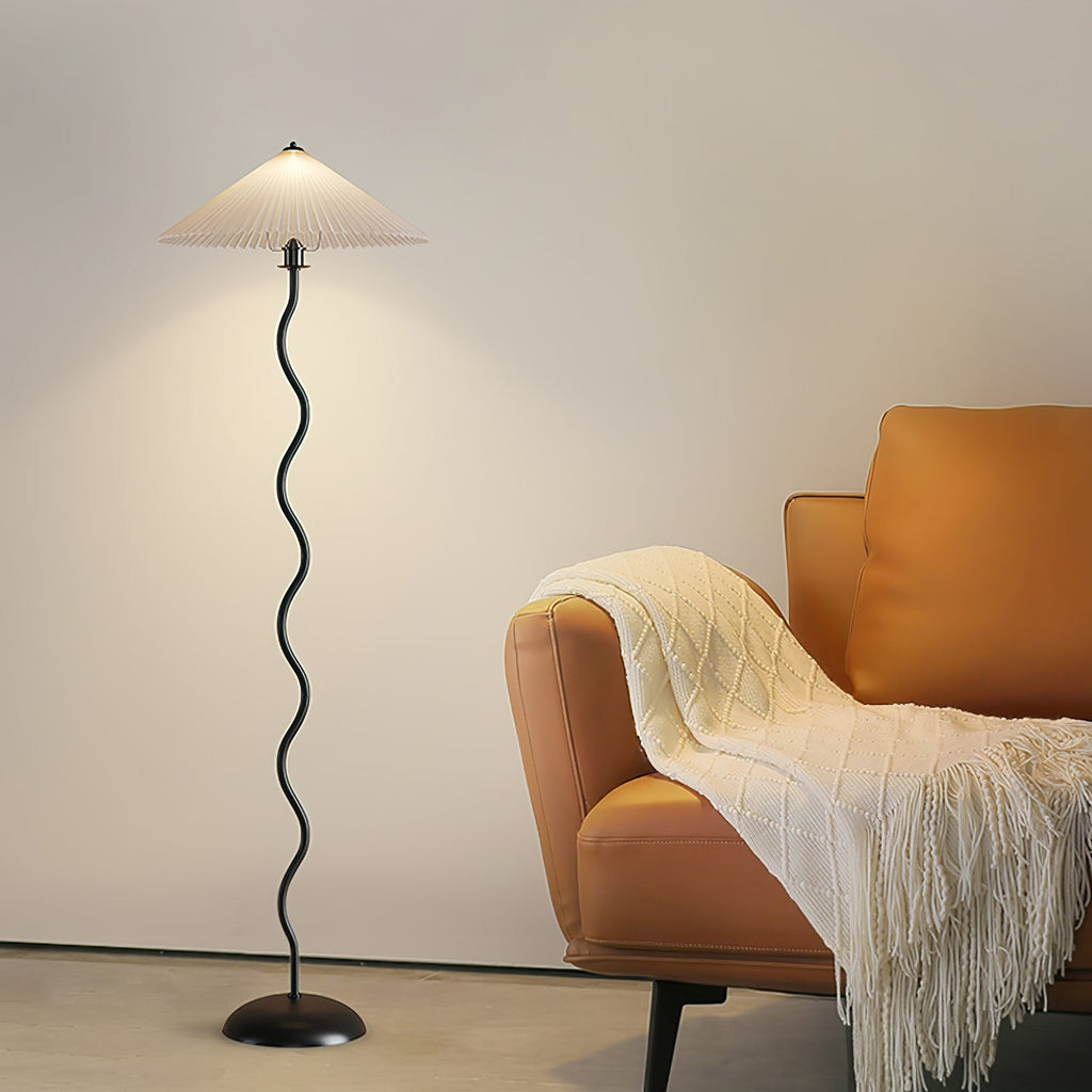 Squiggle Floor Lamp, Wavy Black Metal Base, Fabric Shade, E14 Plug-In