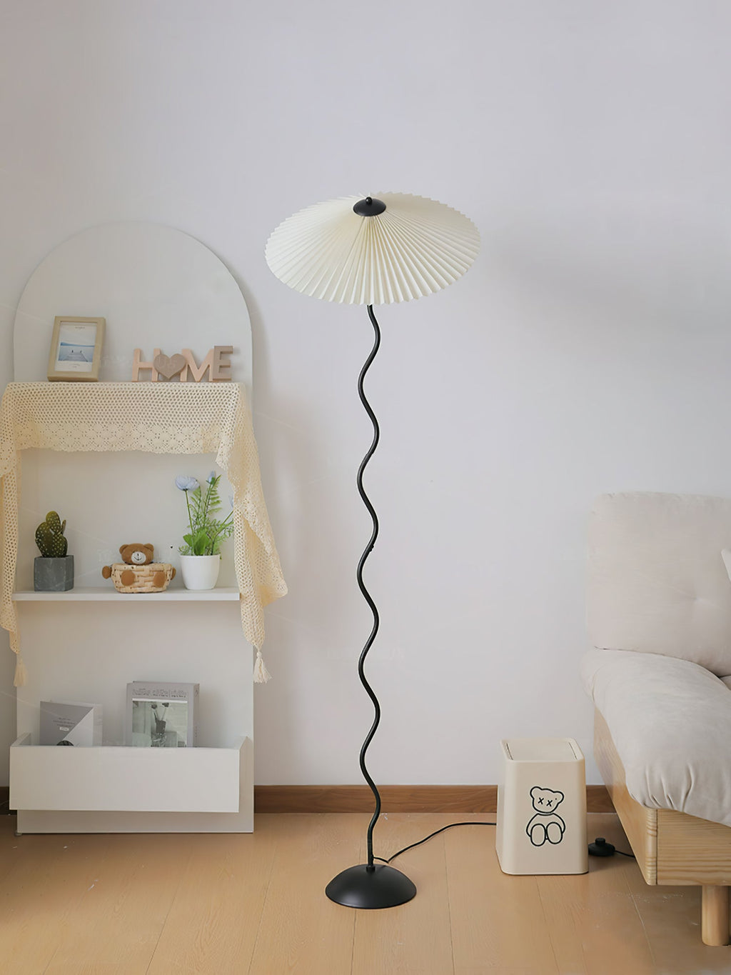 Squiggle Floor Lamp, Wavy Black Metal Base, Fabric Shade, E14 Plug-In