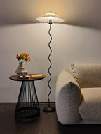 Squiggle Floor Lamp, Wavy Black Metal Base, Fabric Shade, E14 Plug-In